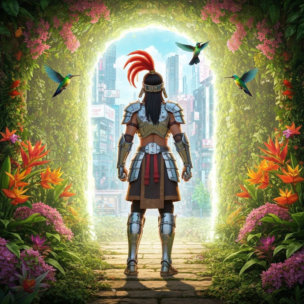 Futuristic Mexica Warrior in Cyberpunk Garden