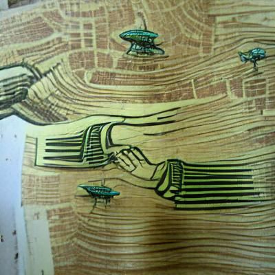 Ancient Egyptians Meet Aliens in Woodcut Style