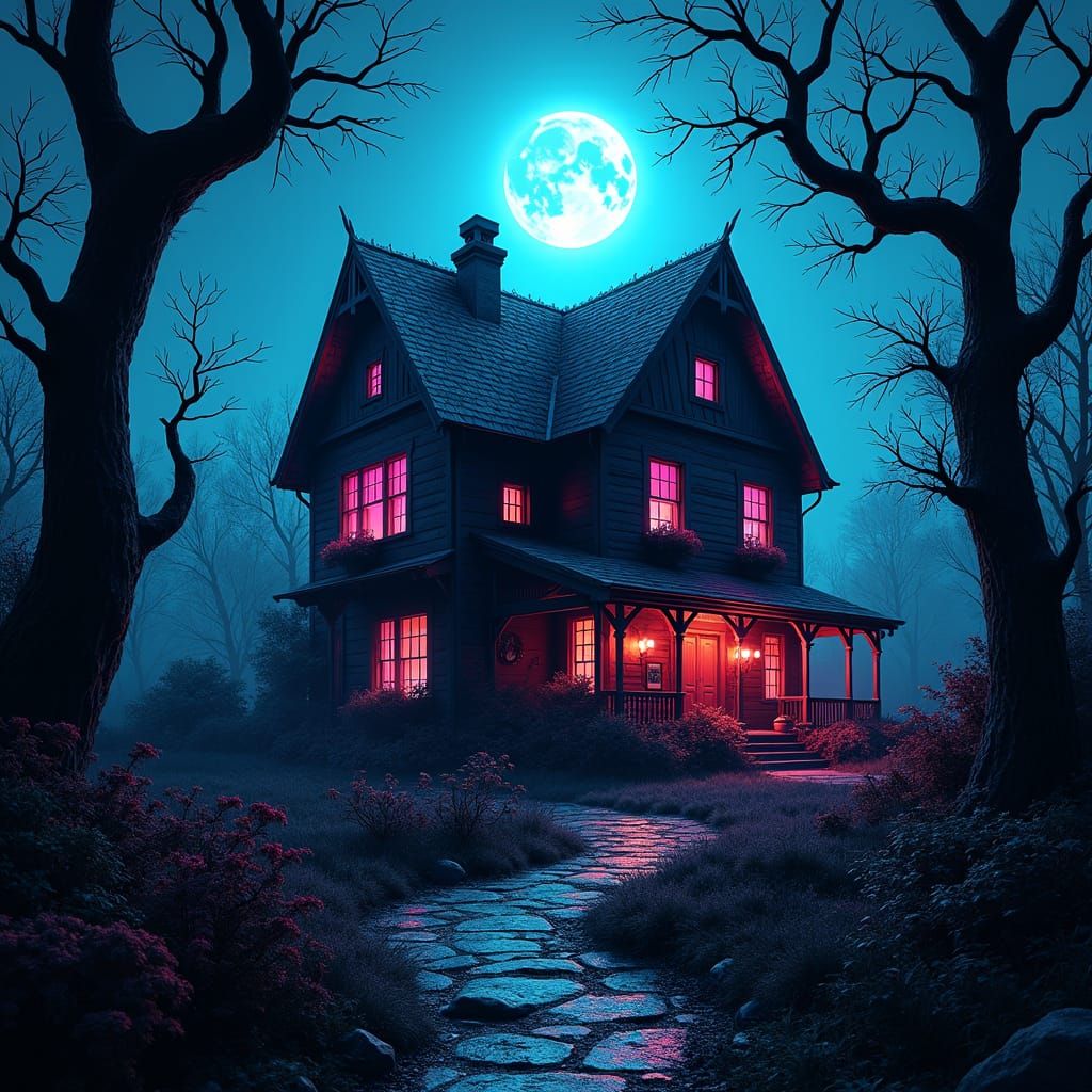 Gothic Cottage with Synthwave Glow in Retro-Futuristic Style