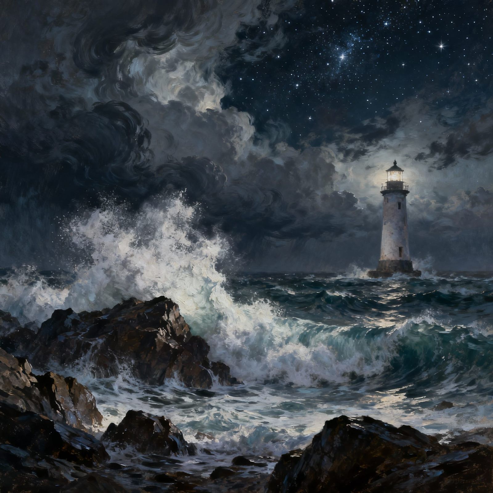 Lighthouse Against Stormy Seas Under Starry Sky