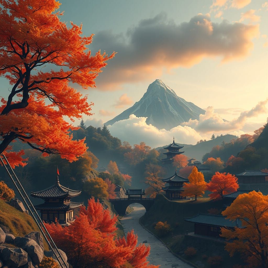 Surreal Autumn Mountainscape in a Korean Village