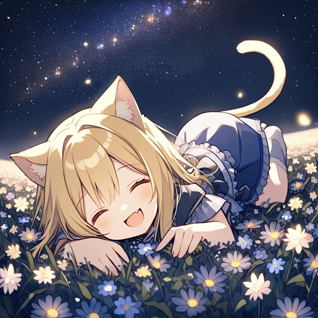 Cute Catgirl Napping in Starry Flower Field