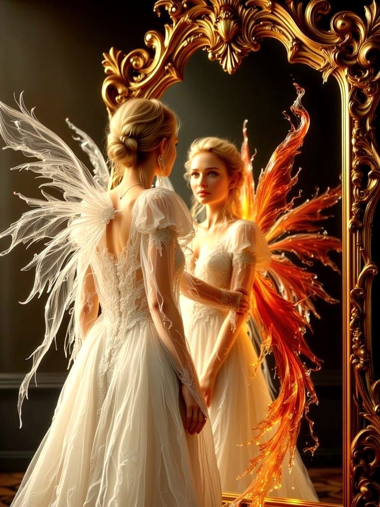Woman with Angel Wings Before Ornate Mirror