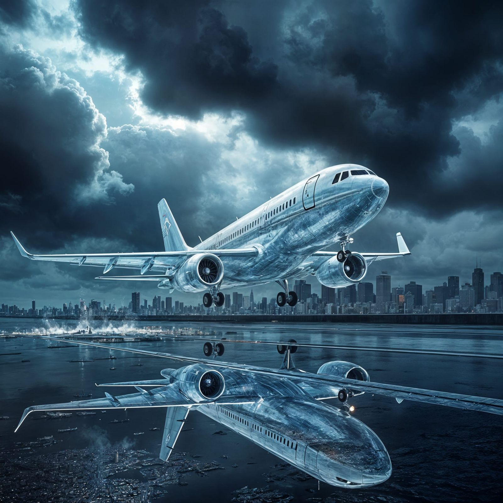 Hyper-Realistic Water Airplane Descends into Cityscape