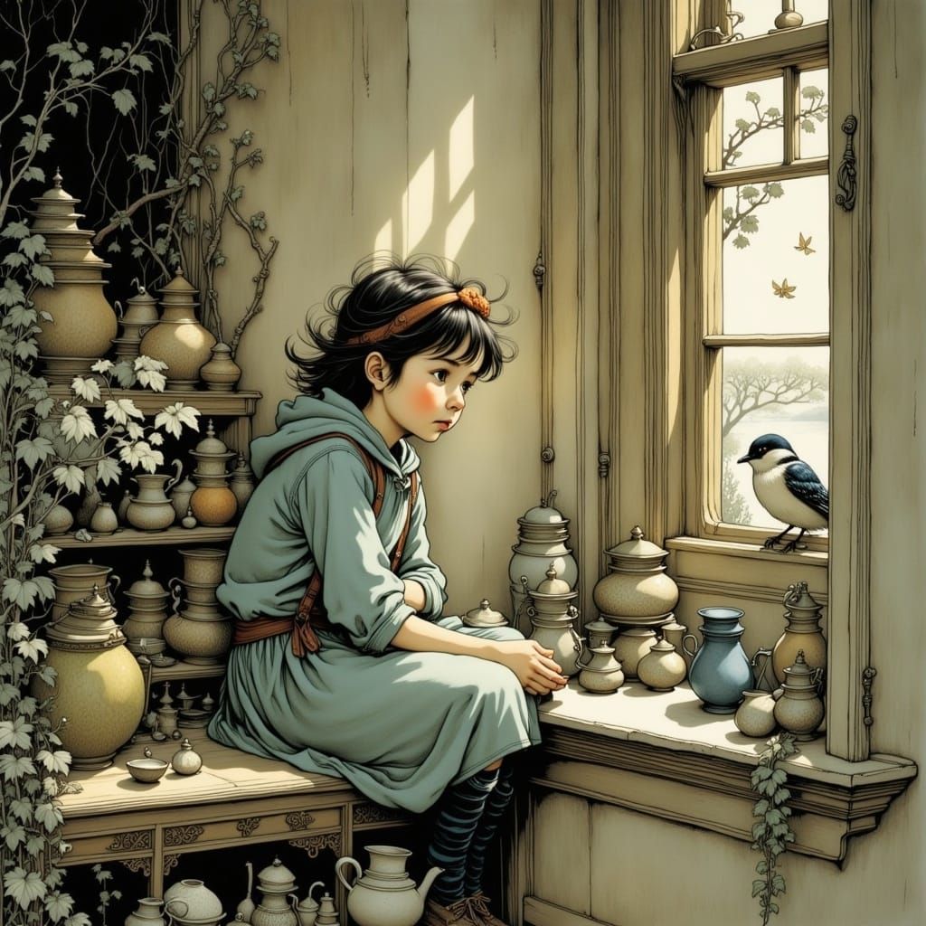 Girl, Bird, and Window: Intricate Storybook Illustration