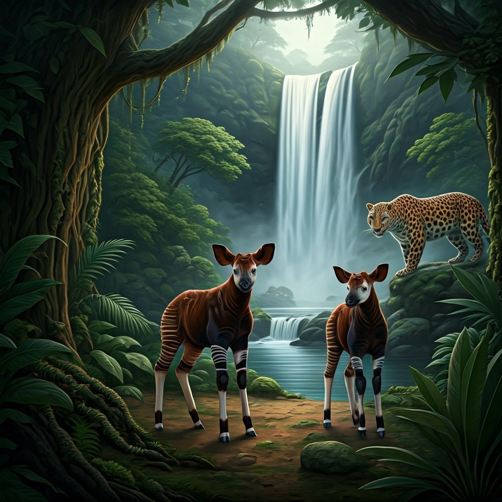 Baby Okapis in a Misty Rainforest, Digital Painting