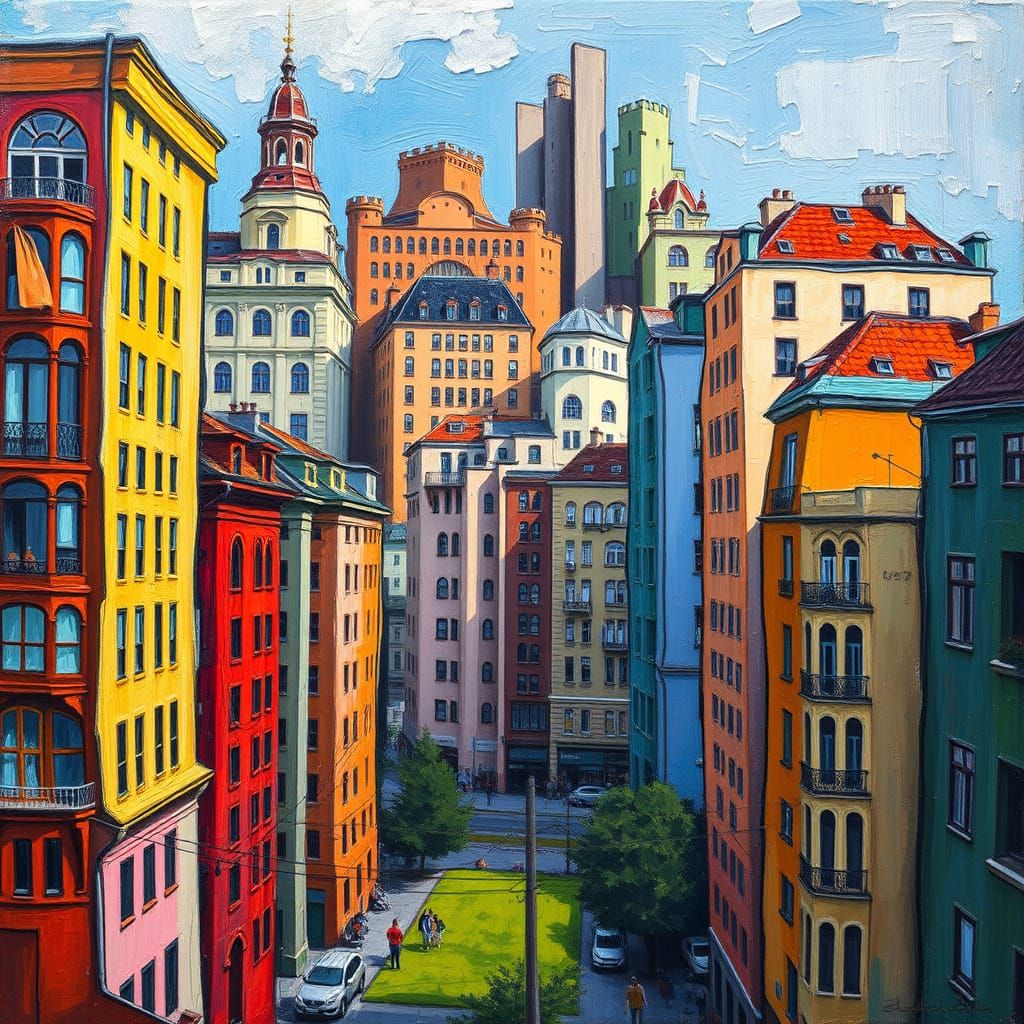 Dynamic Cityscape in Expressionist Neo-Impressionism Style