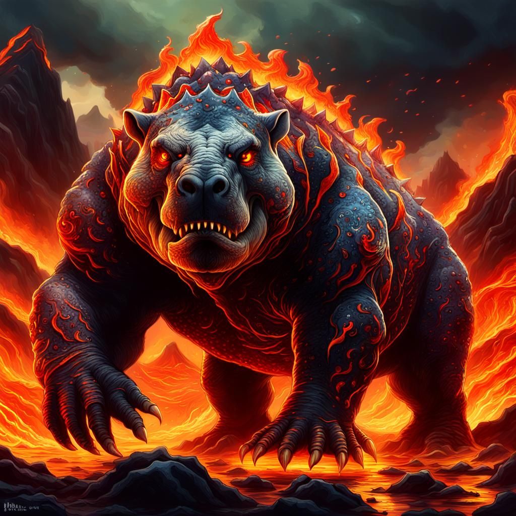 Infernal Ancient Reptile Amidst Lava Sea