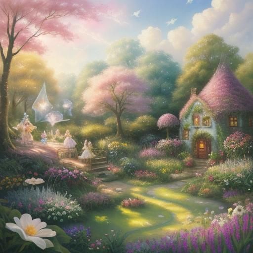 Whimsical Fairies Tend Teacup Garden in Watercolor