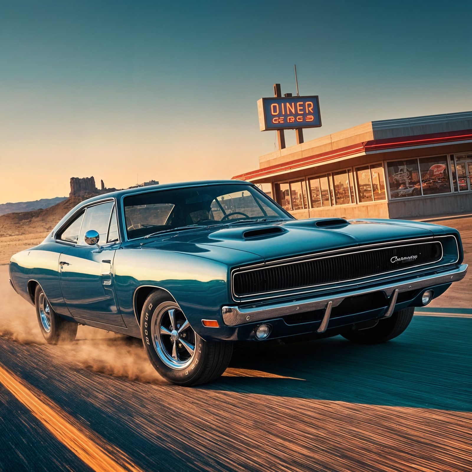 1969 Dodge Charger on Route 66 at Sunset