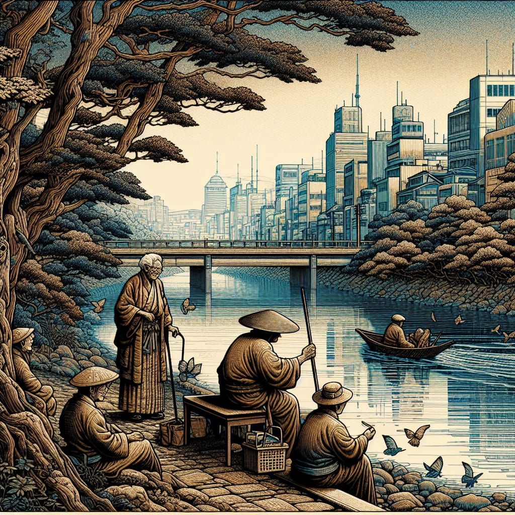 Riverbank Scene in Traditional Japanese Art Style