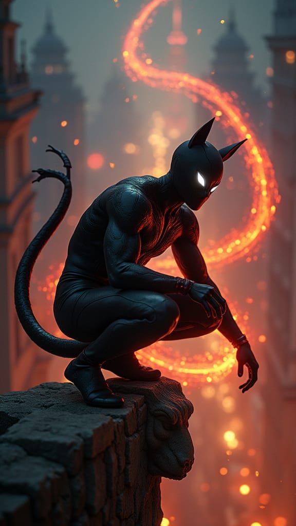 Dark Hero on Gargoyle in Swirling Storm