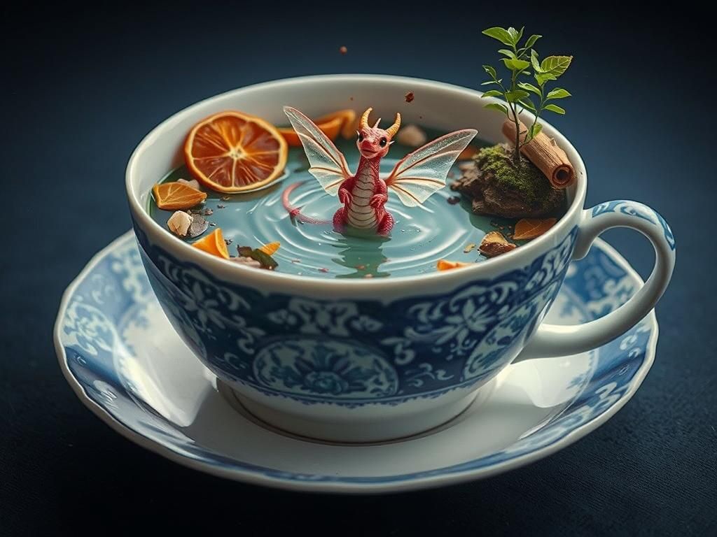Miniature Tea Oasis with Fairy Dragon: Digital Art