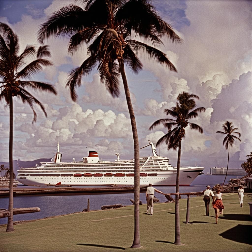 Early 1960s Cruise Ship at Harbor, Hawaii
