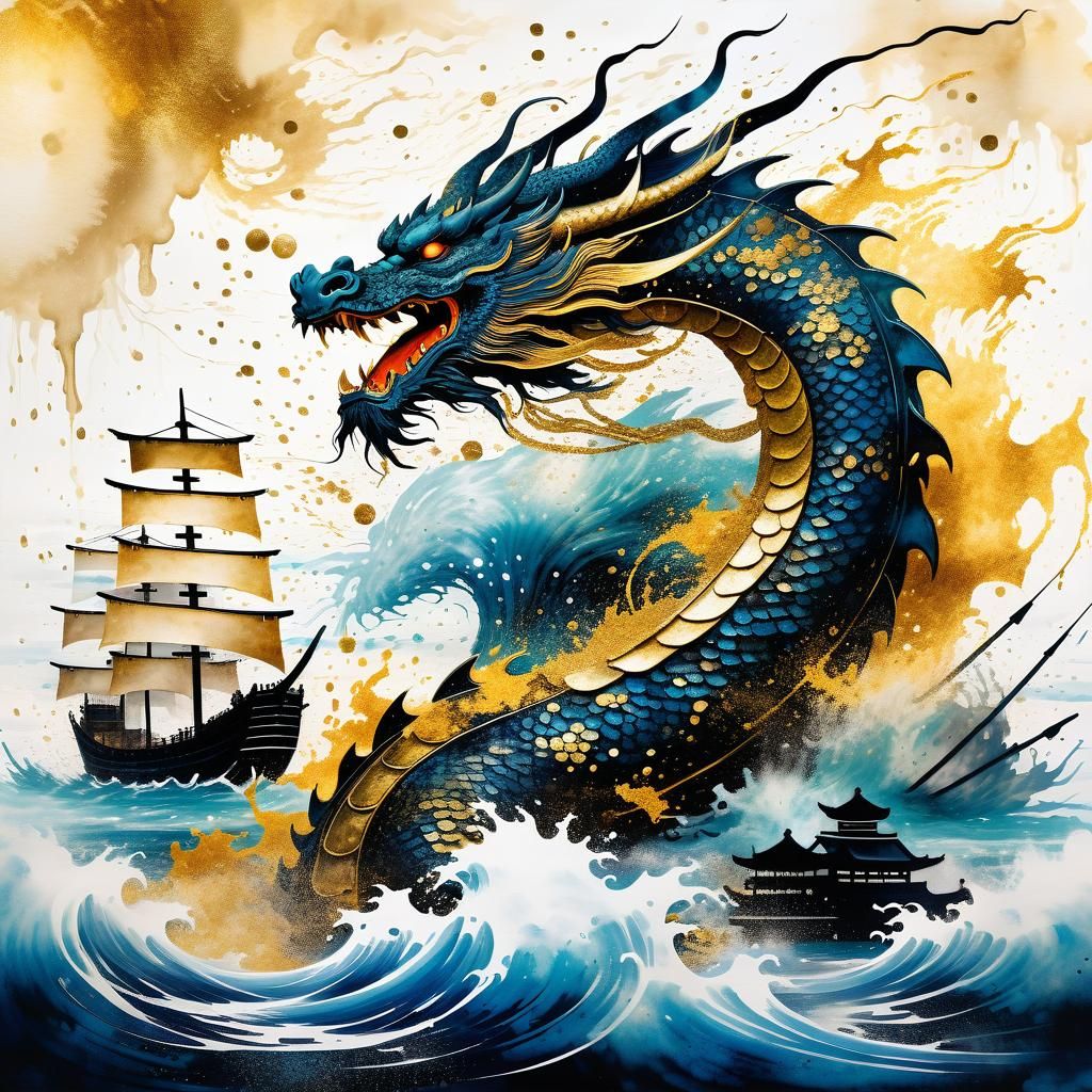 Dragon Emerges from Sea in Ink Splatter Art