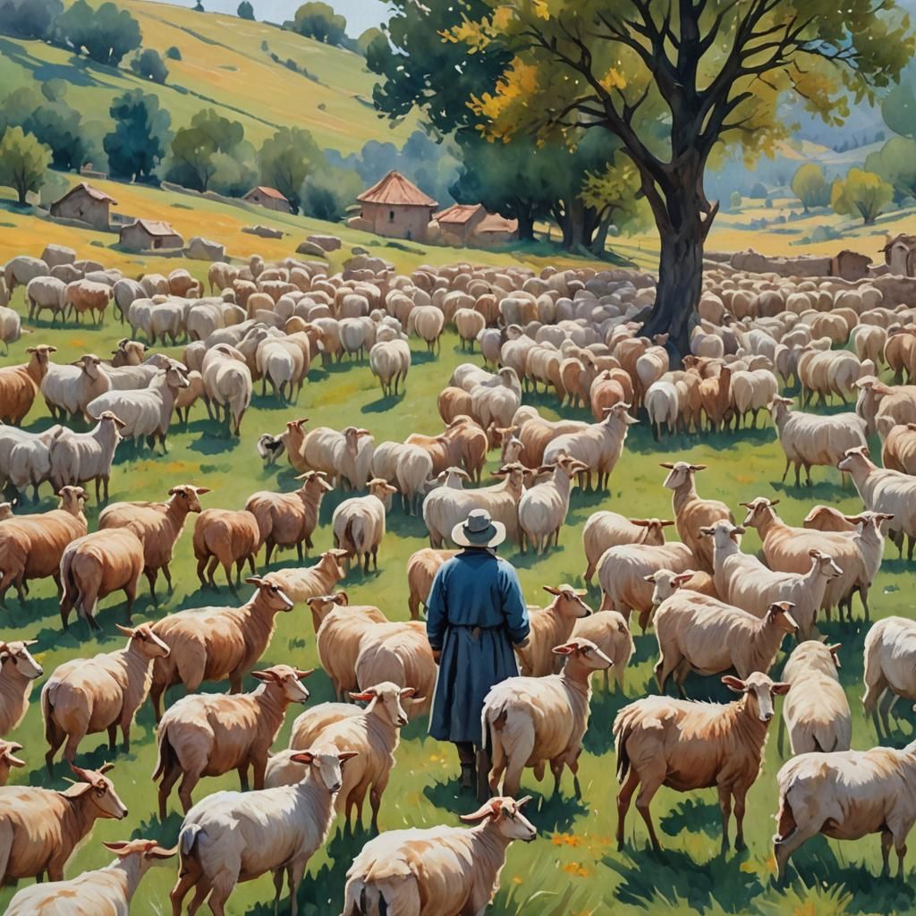 Goatherd and Flock in Gouache Impressionism