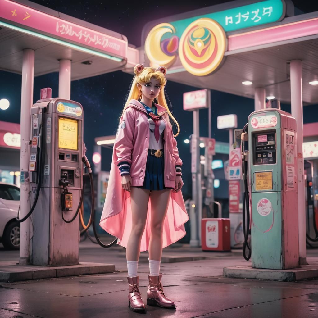 Sailor Moon at Alien Gas Station in Anime Style
