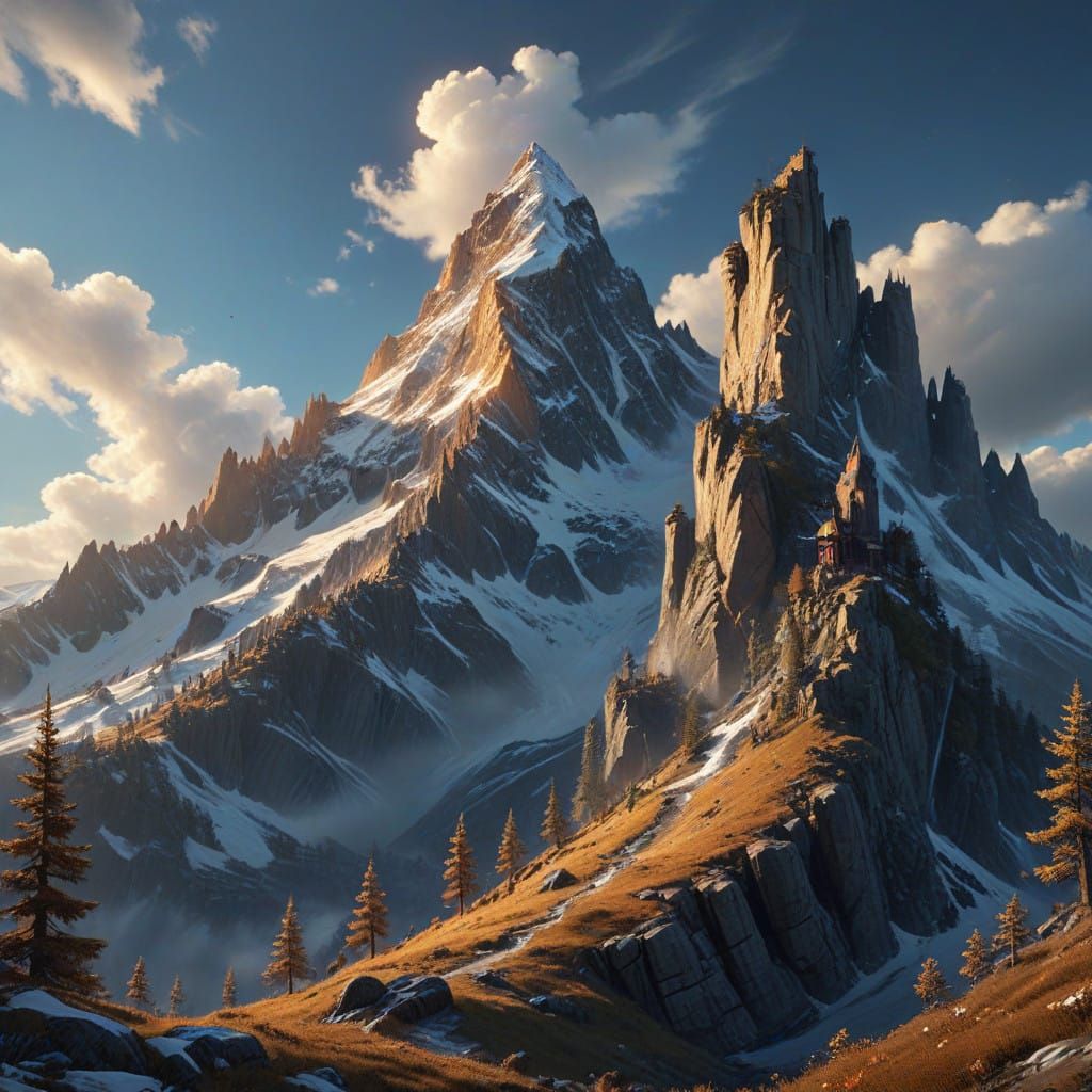 Ethereal Snowy Mountain Peak Under Golden Evening Light