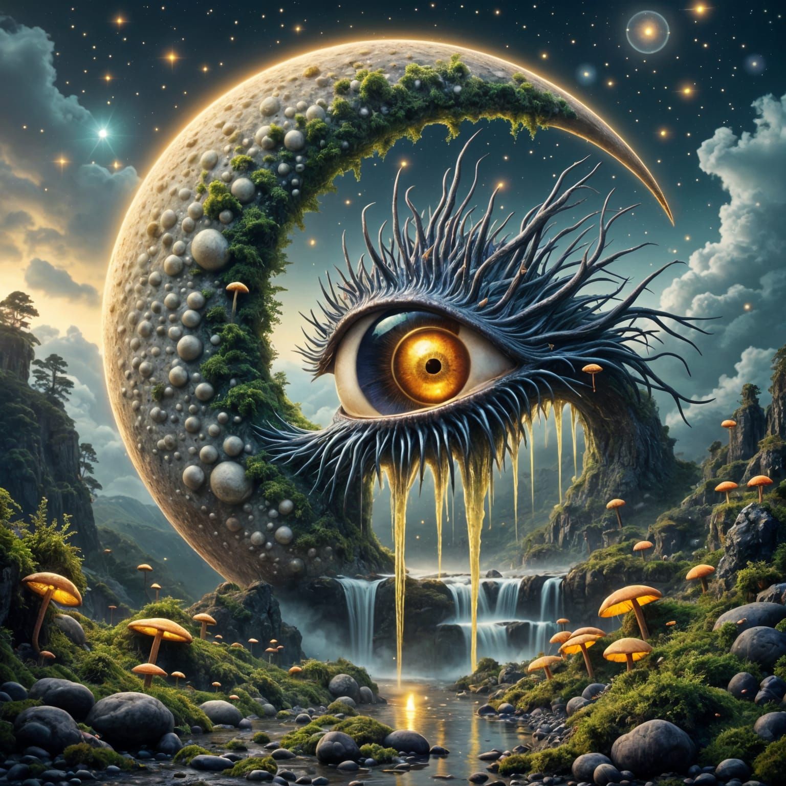 Surreal Moon Valley Scene with Giant Glowing Eye