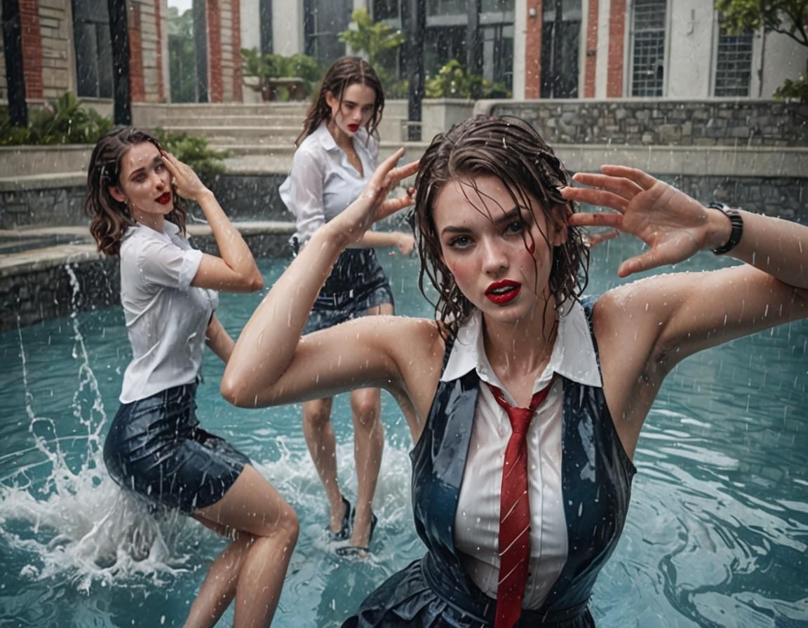 Glamorous Women Frolicking in a Pool, Detailed Matte Paintin...