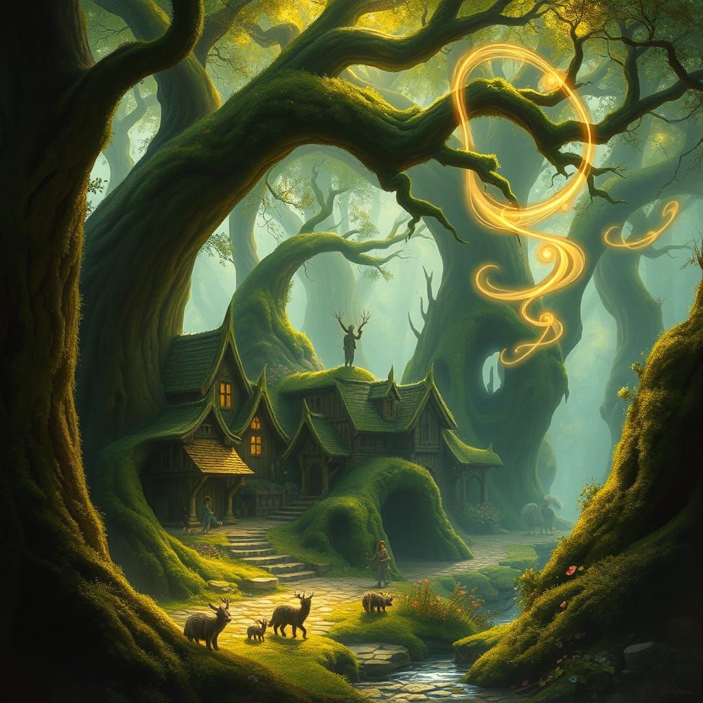 Enchanting Elven Village in Ancient Forest Digital Painting