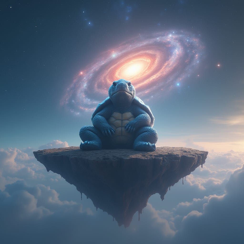 Wise Alien Turtle Contemplates Universe on Floating Island