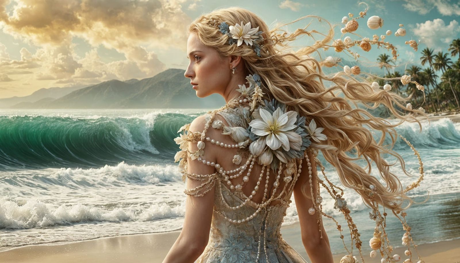 Floral Lady on Beach at Sunset