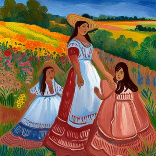 Mexican Folk Art: Mother and Daughters in Gouache Style