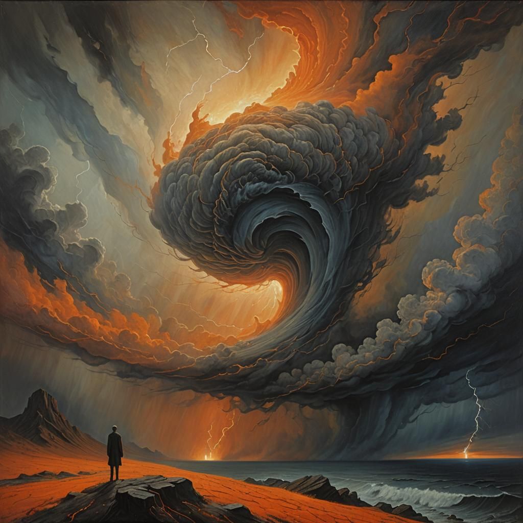 Surreal Sleeper Beneath Swirling Storm in Ominous Oil Painti...