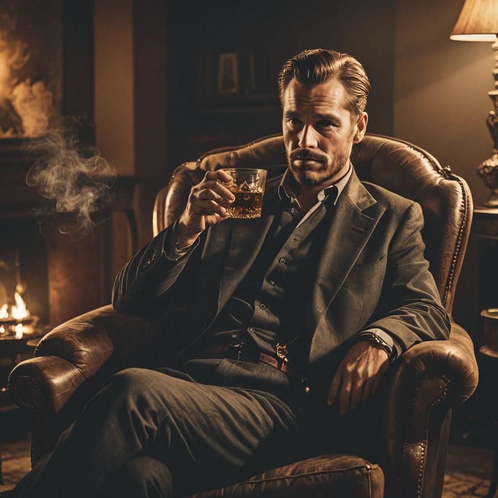 Moody Man Drinking Whiskey in Cinematic Style