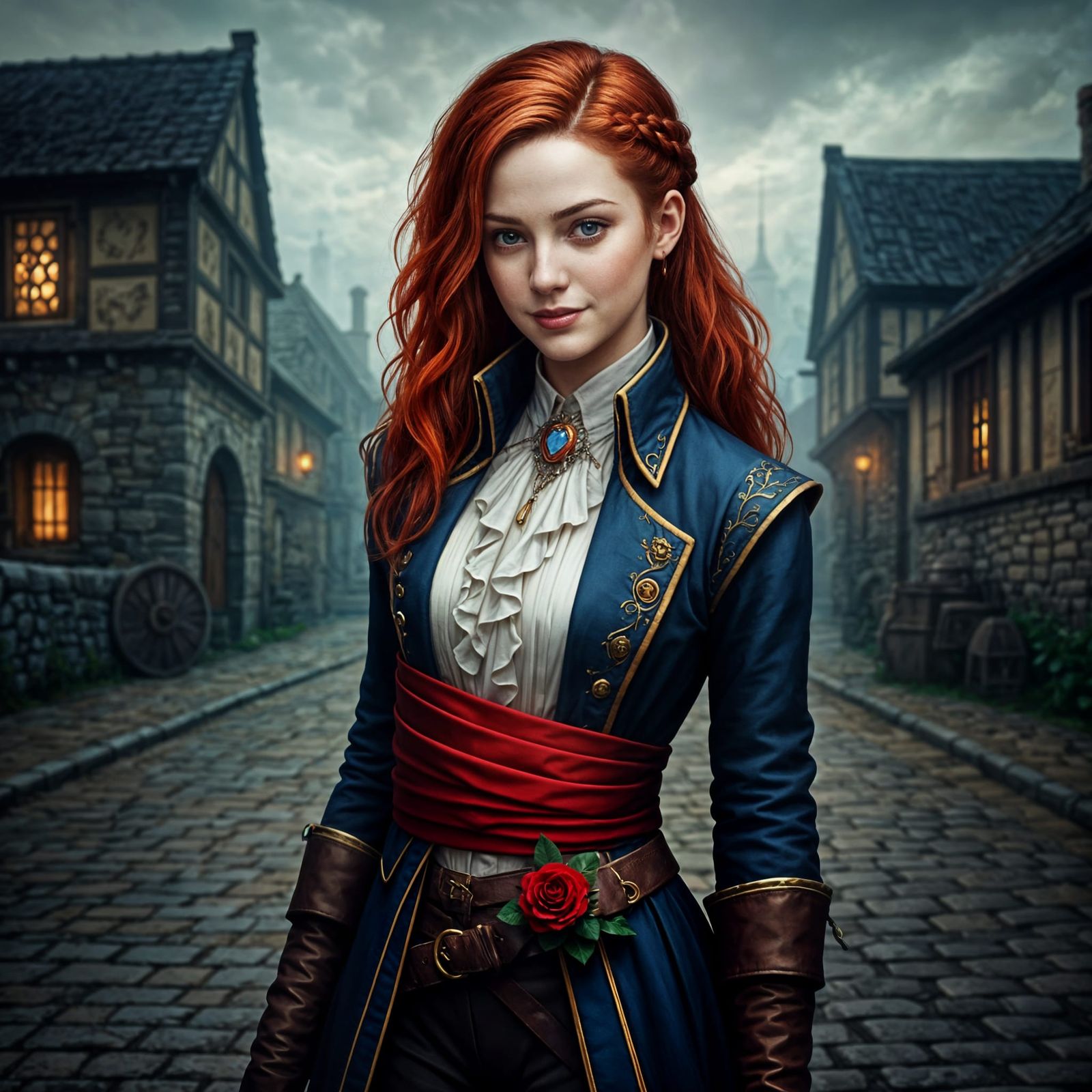 Medieval Girl with Red Hair in Dark Fantasy World