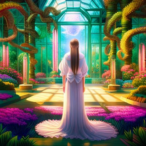 Enchanted Garden: Anime Woman in Purple Greenhouse