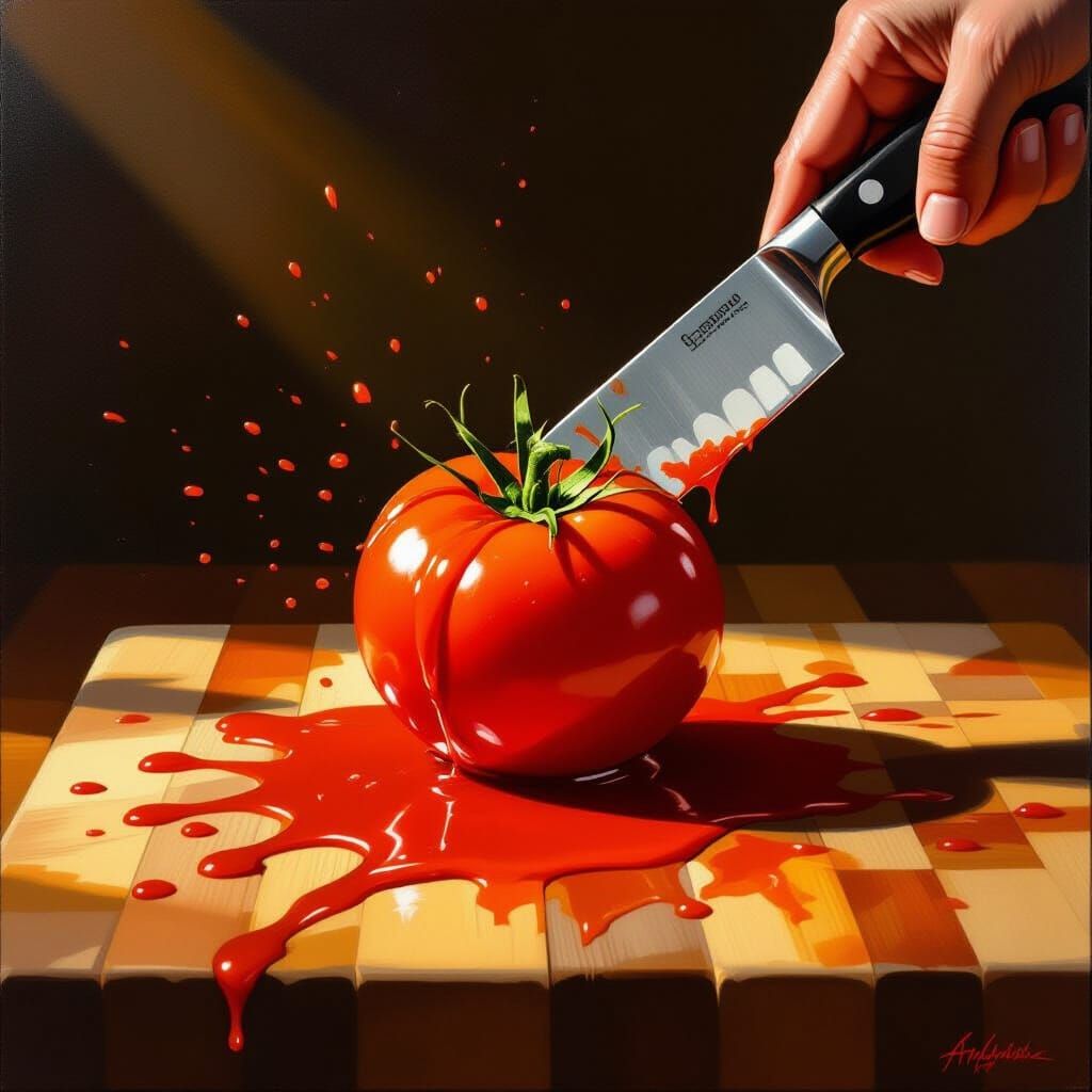 Tomato Bleeding Under Knife in Golden Hour Light