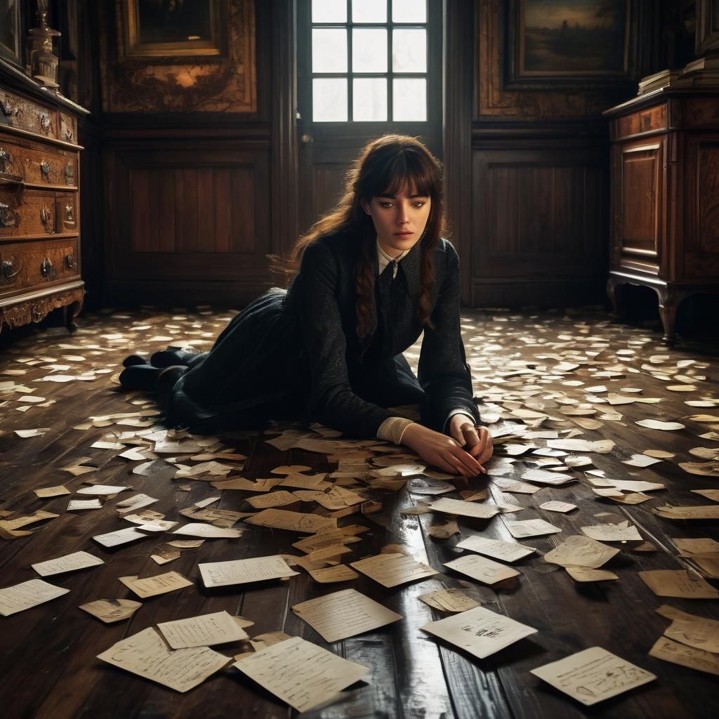 Embarrassed Victorian Girl with Scattered Letters