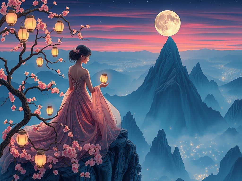 Woman in Jasmine Gown on Floating Mountain