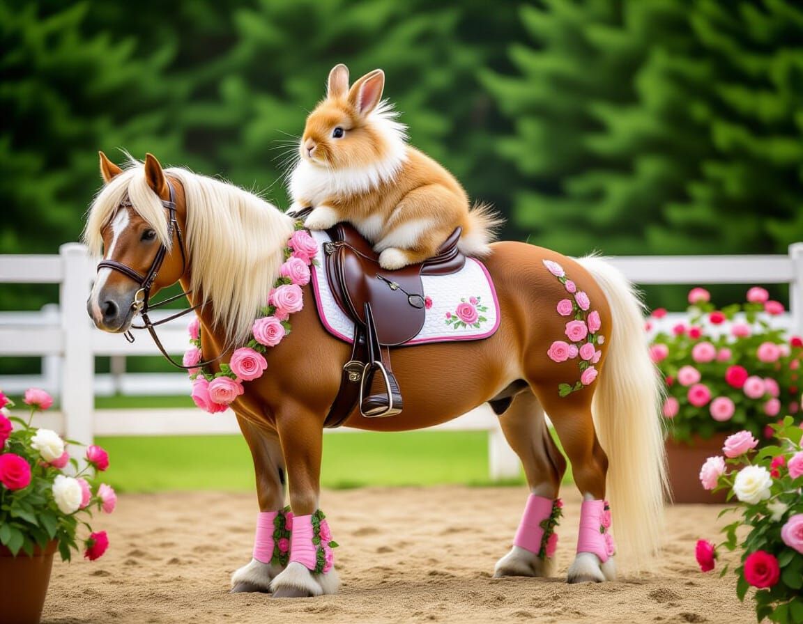 Bunny on Show Pony with Pink Roses
