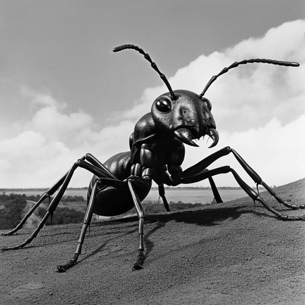 Giant Ants in Monochrome Horror Movie Style