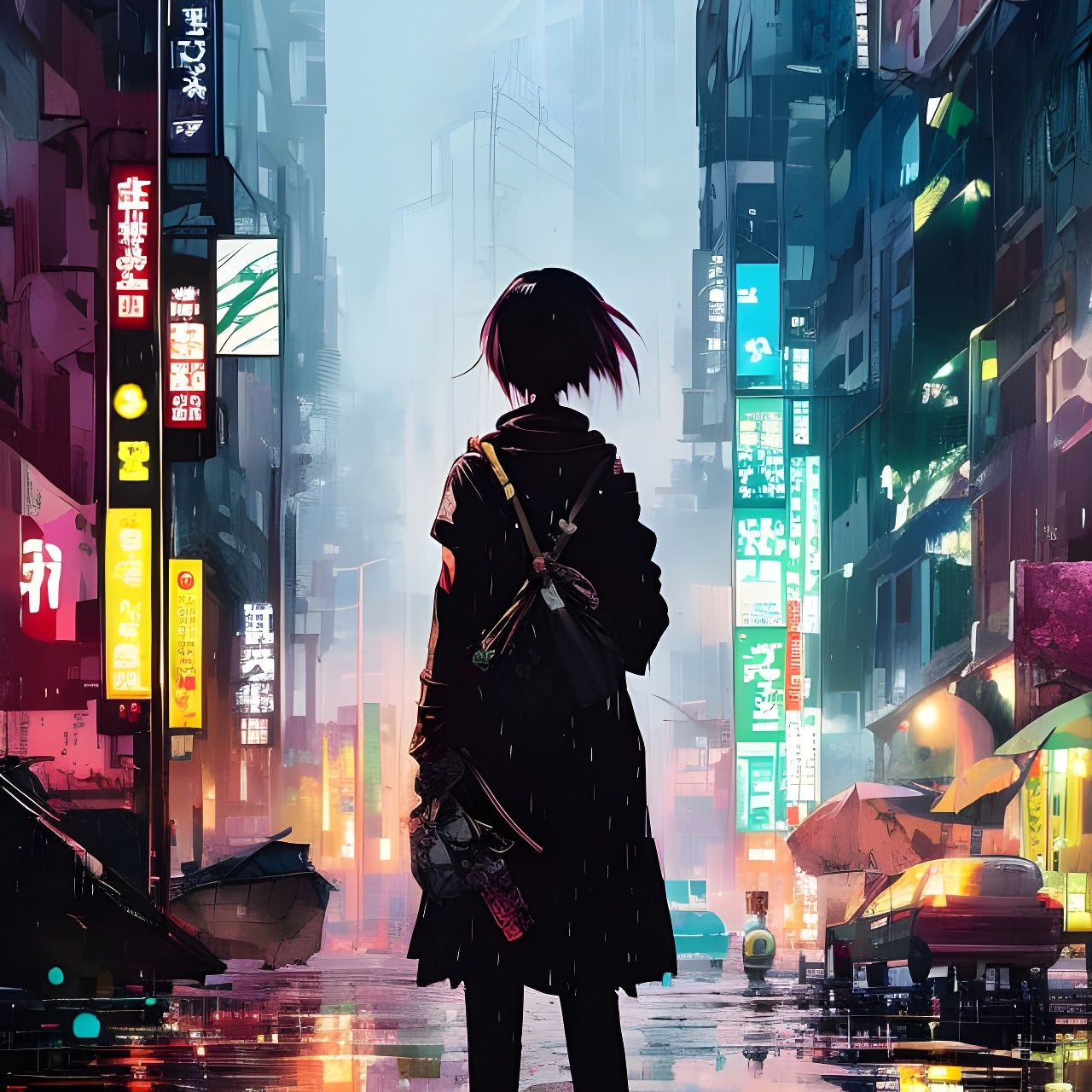 Girl in Rainy Anime-Cel Style Digital Art
