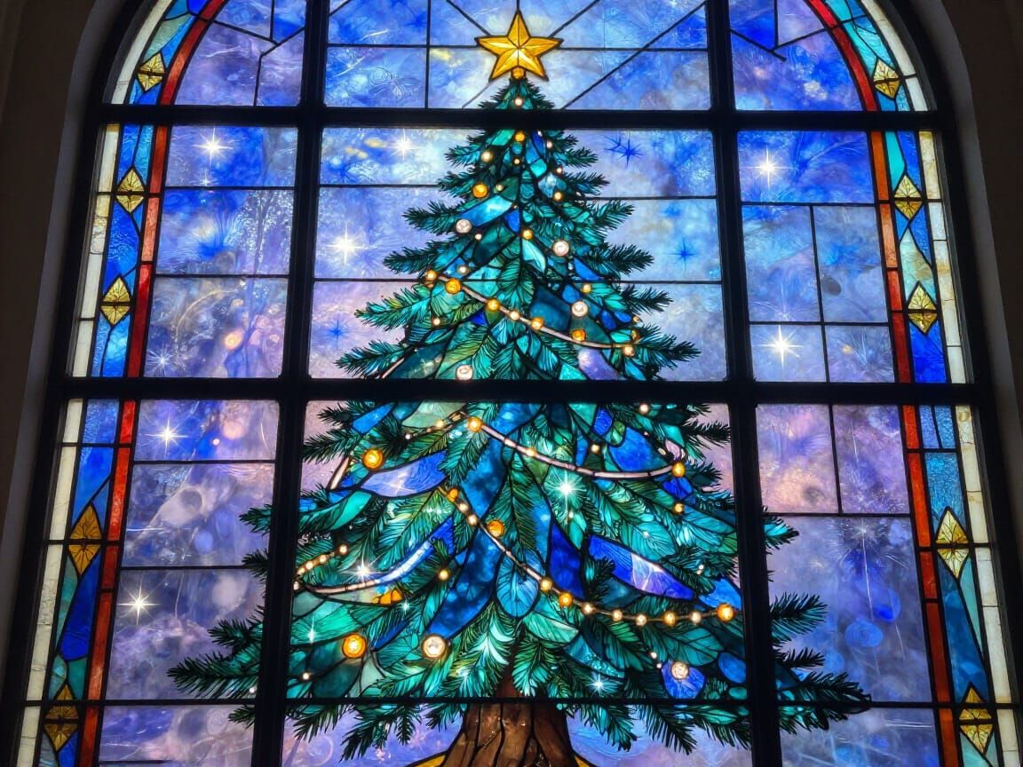 Stained Glass Christmas Tree Window with Twinkle Lights