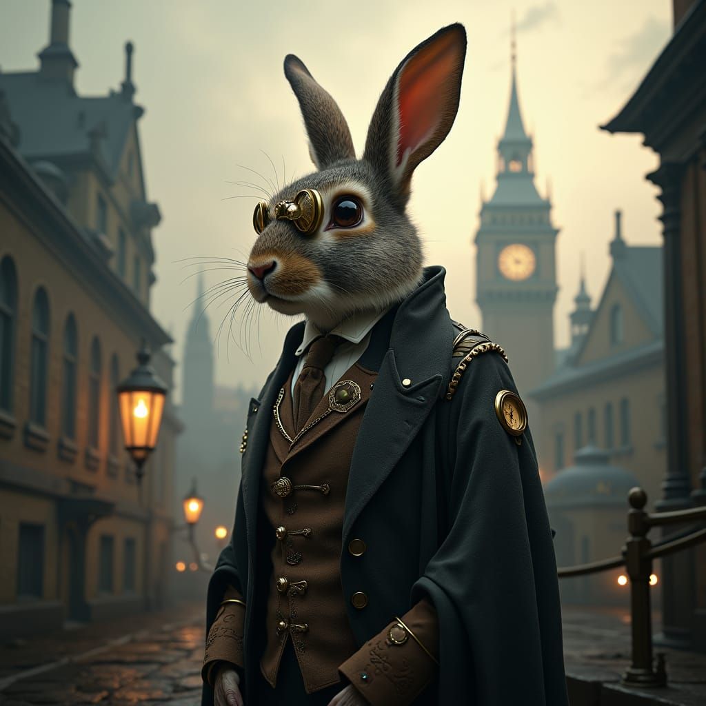 Regal Steampunk Rabbit in Fog-Shrouded Cityscape