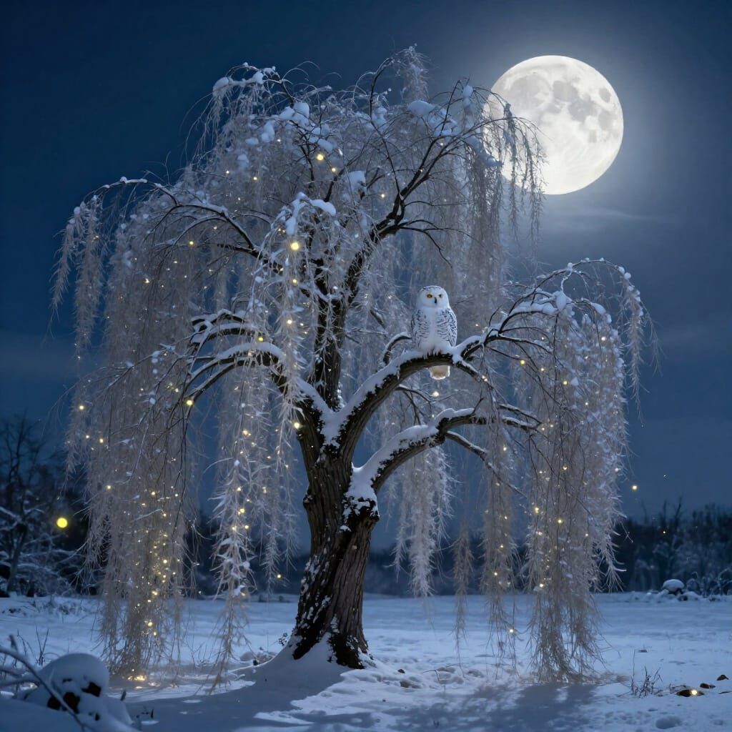 Snowy Willow Tree with Owl and Fireflies Under Full Moon