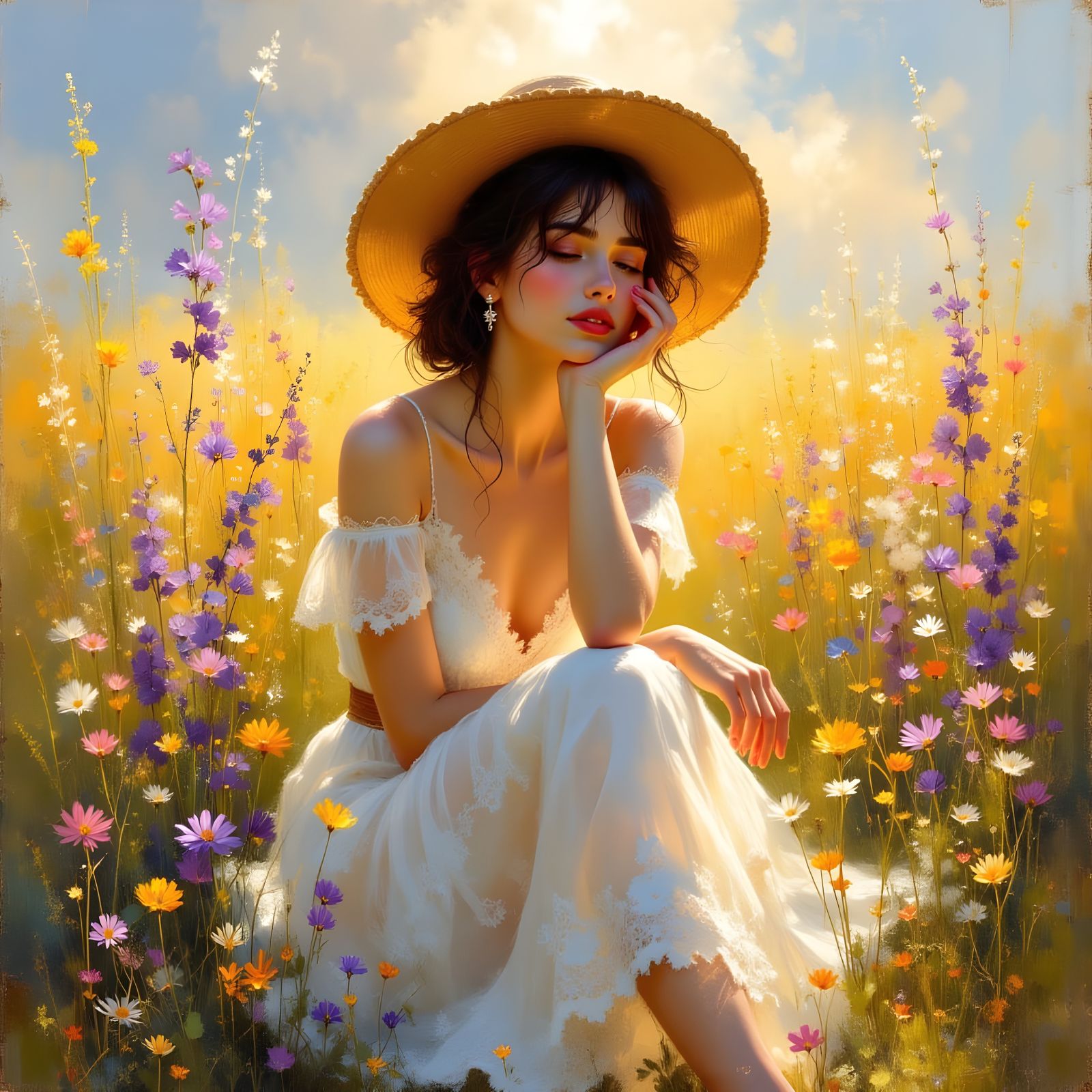 Dreamy Woman in Wildflower Field Oil Painting