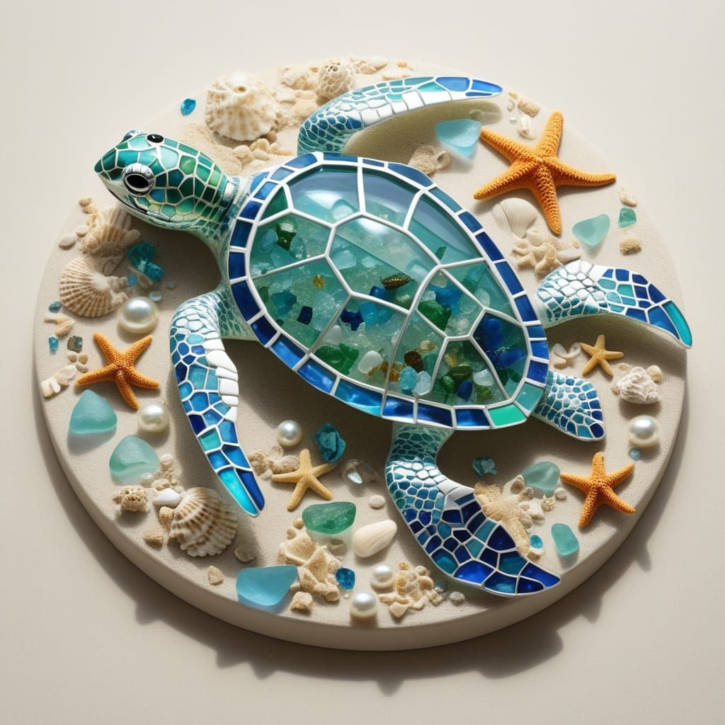 Sea Glass Sculpture of a Turtle on Pearl Shell Bed