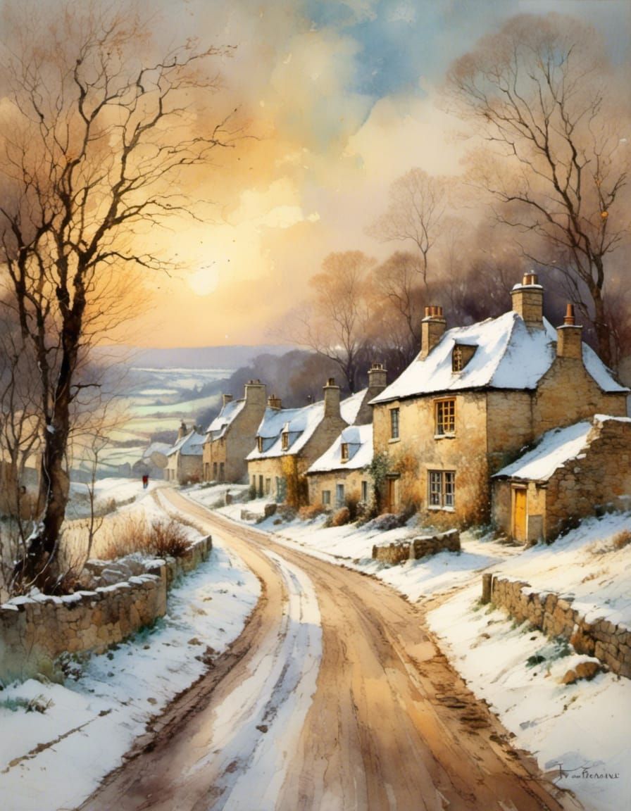 Idyllic Cotswold Village Street in Winter Light