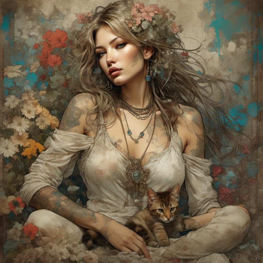 Grunge Goddess with Wildflowers and Kittens