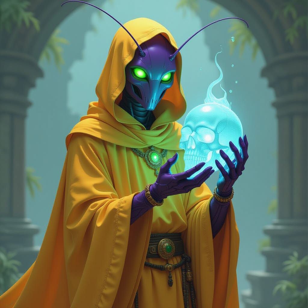 Mantis Person with Crystal Skull in Retro Sci-Fi Style