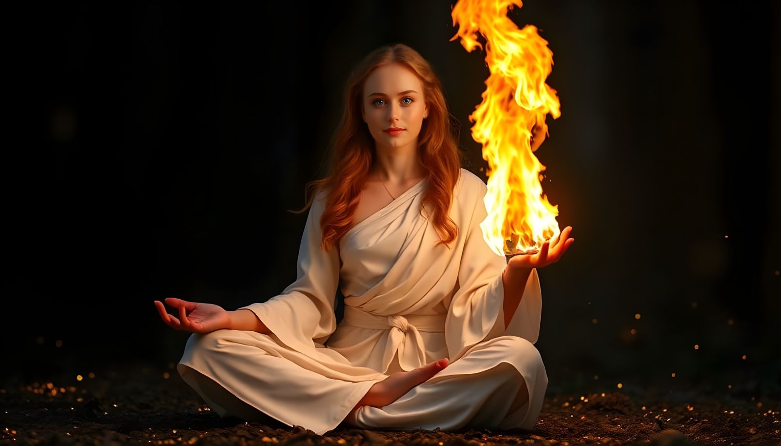 Meditating Woman Conjures Golden Flame in Dark Forest