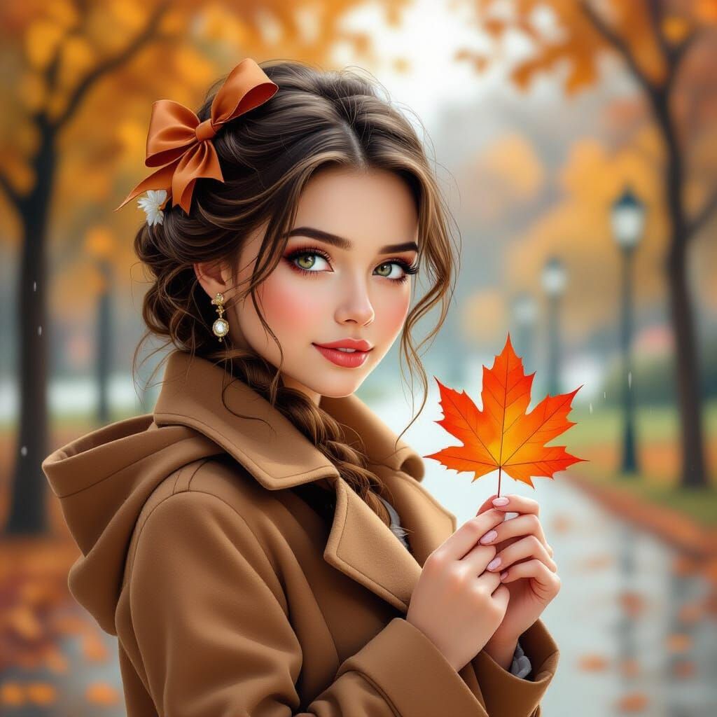 Russian Girl in Autumn Park, Photorealistic Style