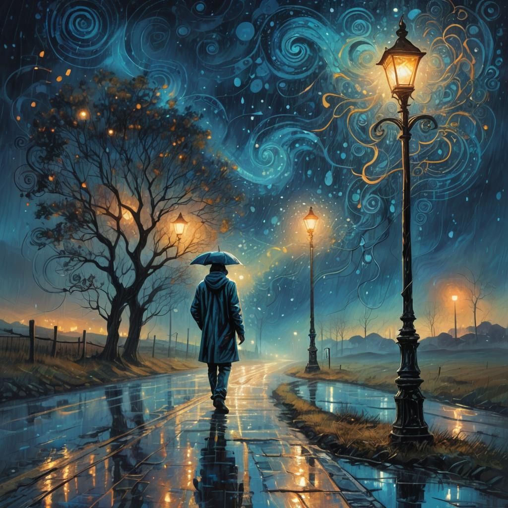 Astral Cosmic Figure on Rainy Rural Road