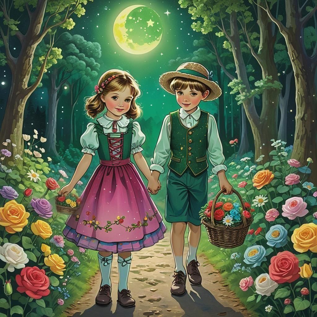 Siblings Hansel and Gretel Stroll Under a Green Celestial Gl...